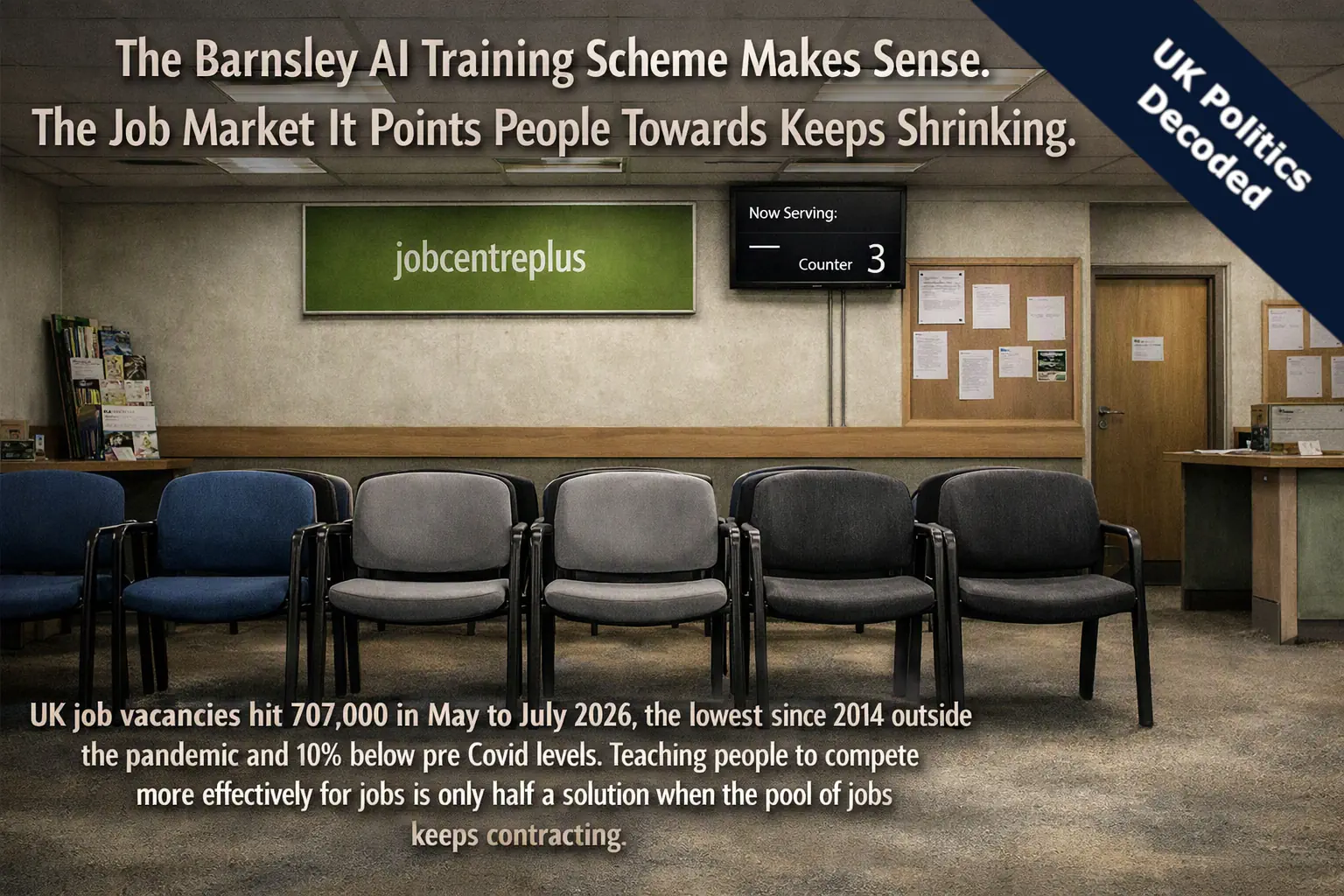 A job centre waiting room with empty chairs, representing the mismatch between AI job skills training and a shrinking vacancy market
