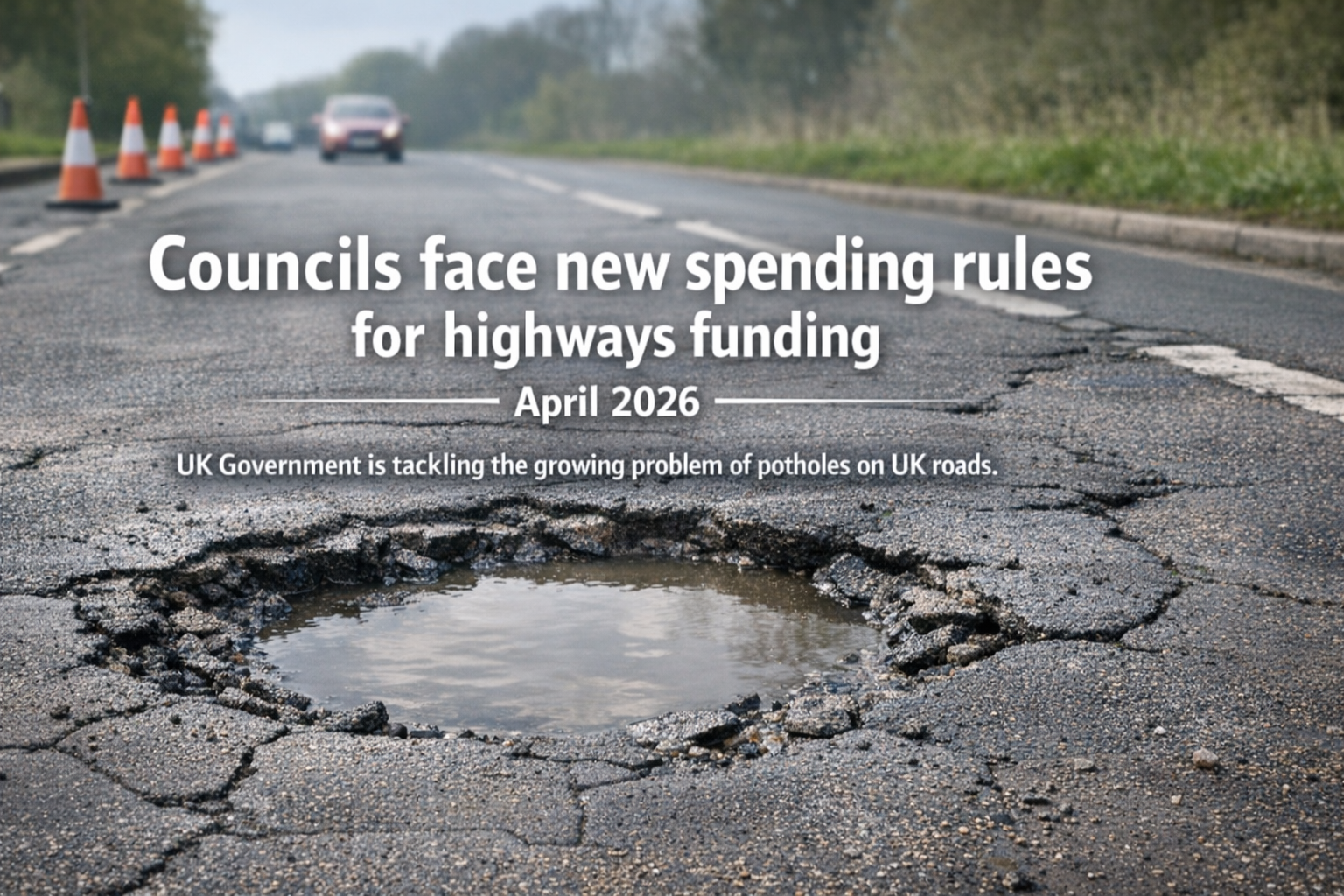 Pothole in a UK road surface, councils face new spending rules for highways funding April 2026