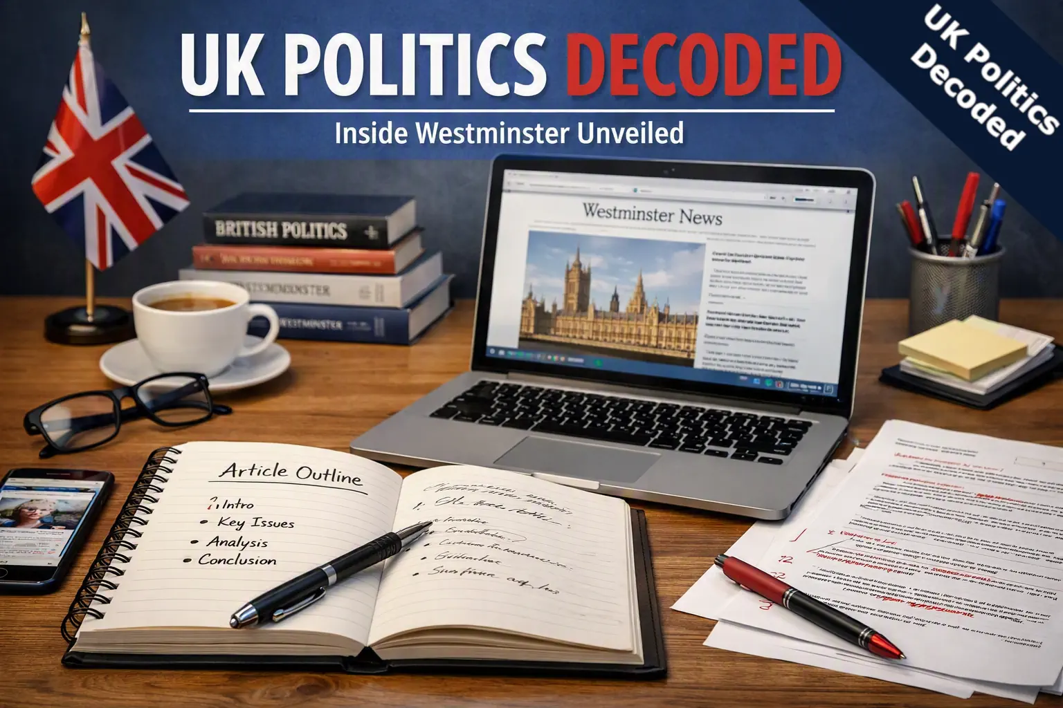 An open notebook and laptop on a desk, representing the editorial process at UK Politics Decoded
