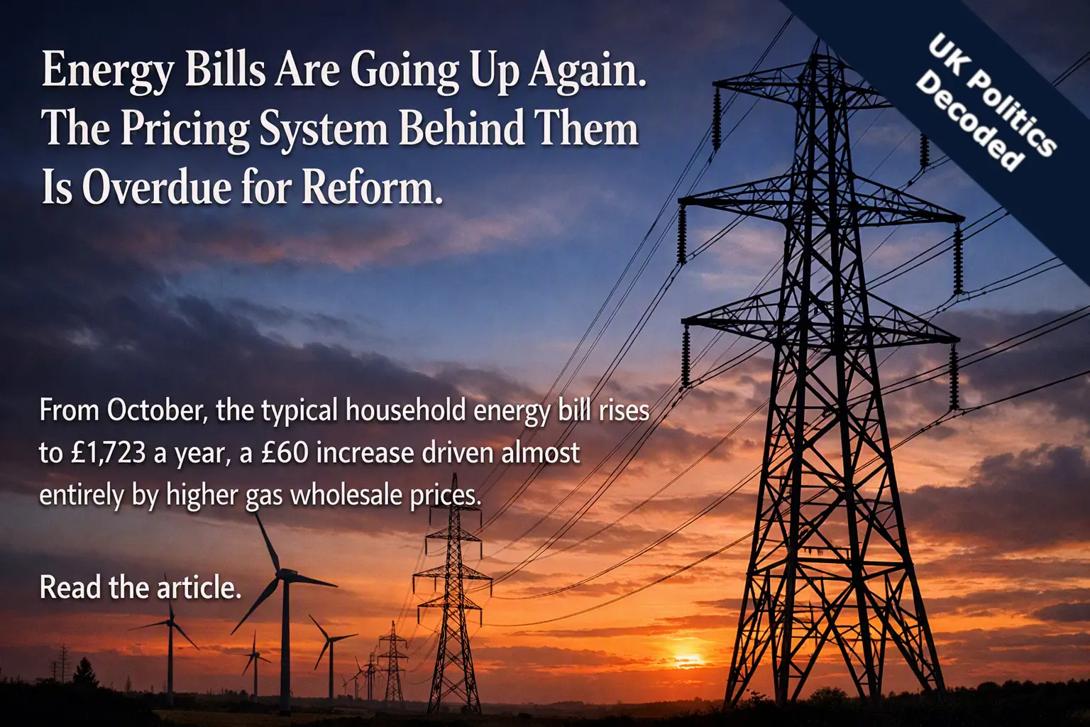 A UK electricity pylon at dusk with wind turbines in the background, representing the tension between cheap renewable generation and high household energy bills
