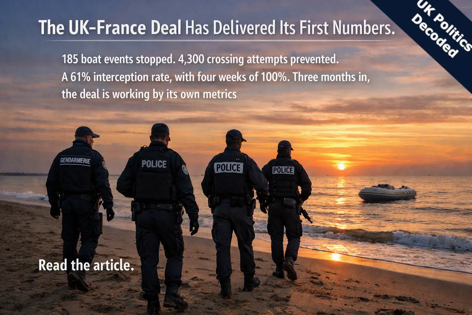 French police officers patrolling a Channel beach at dawn, representing the UK-France small boats enforcement deal