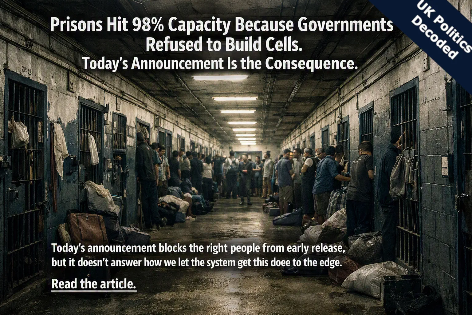 A long prison corridor with cell doors lining both sides, representing the UK prison overcrowding and capacity crisis in 2026