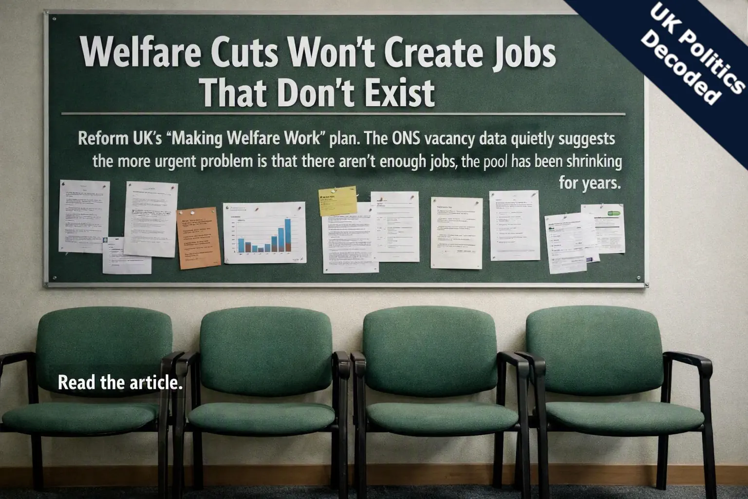 Empty job centre chairs and a noticeboard, representing a shrinking UK job vacancy market
