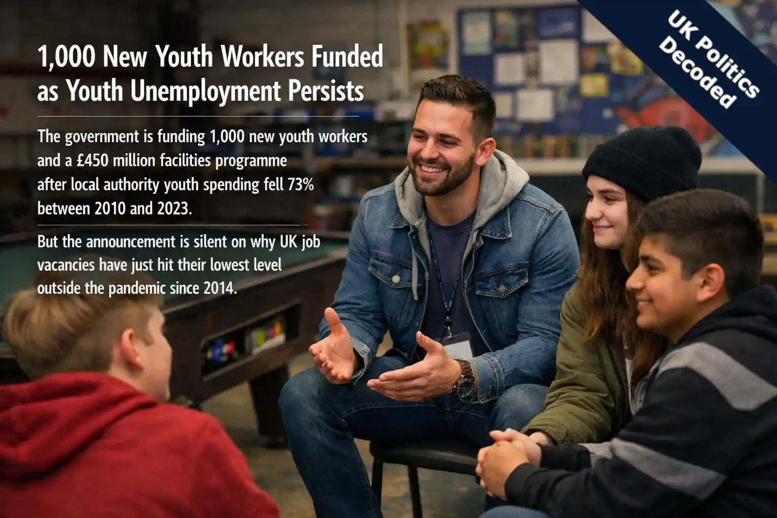 A youth worker talking with a small group of teenagers in a community youth centre