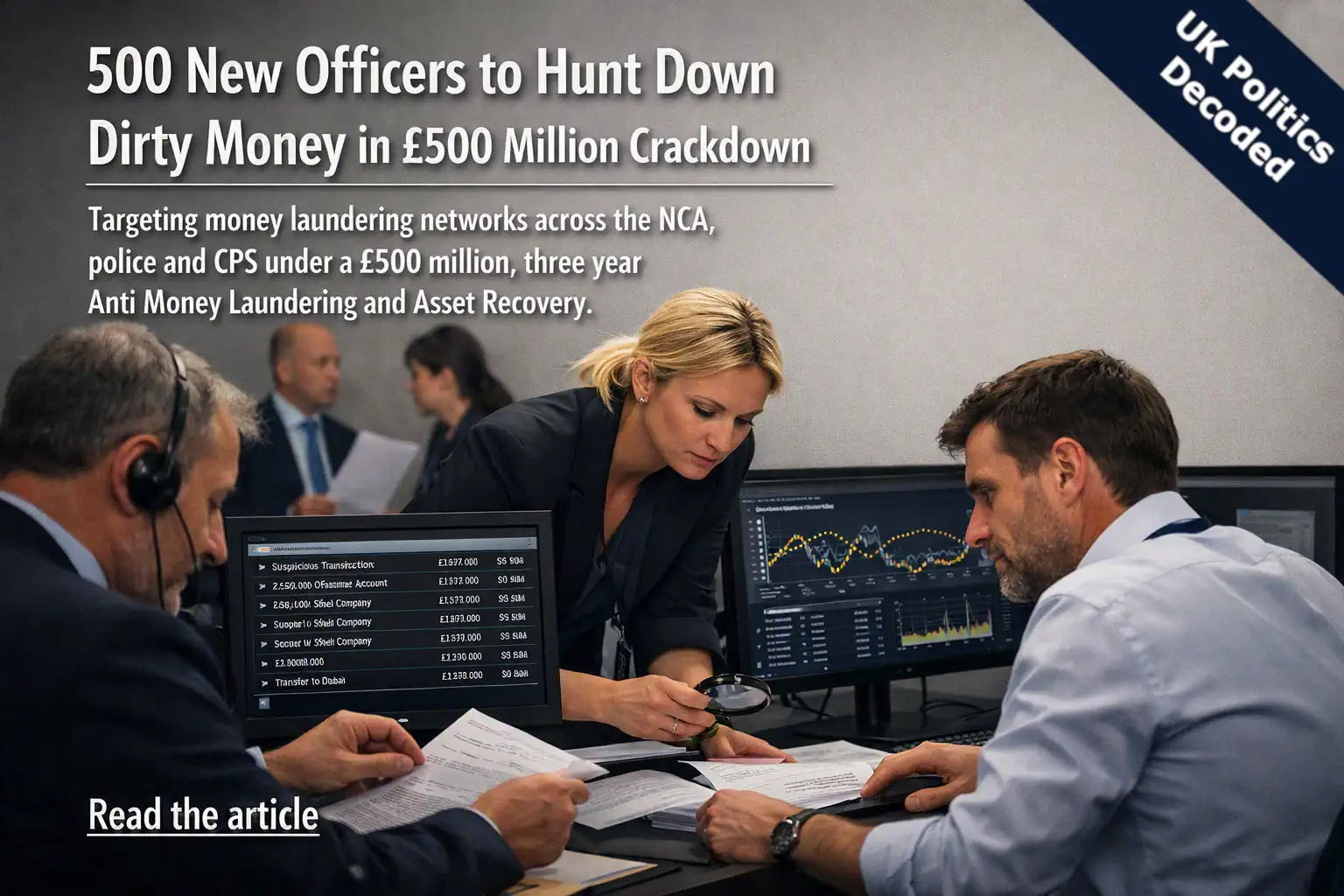 Financial investigators reviewing documents and computer screens showing transaction data, illustrating the crackdown on dirty money networks
