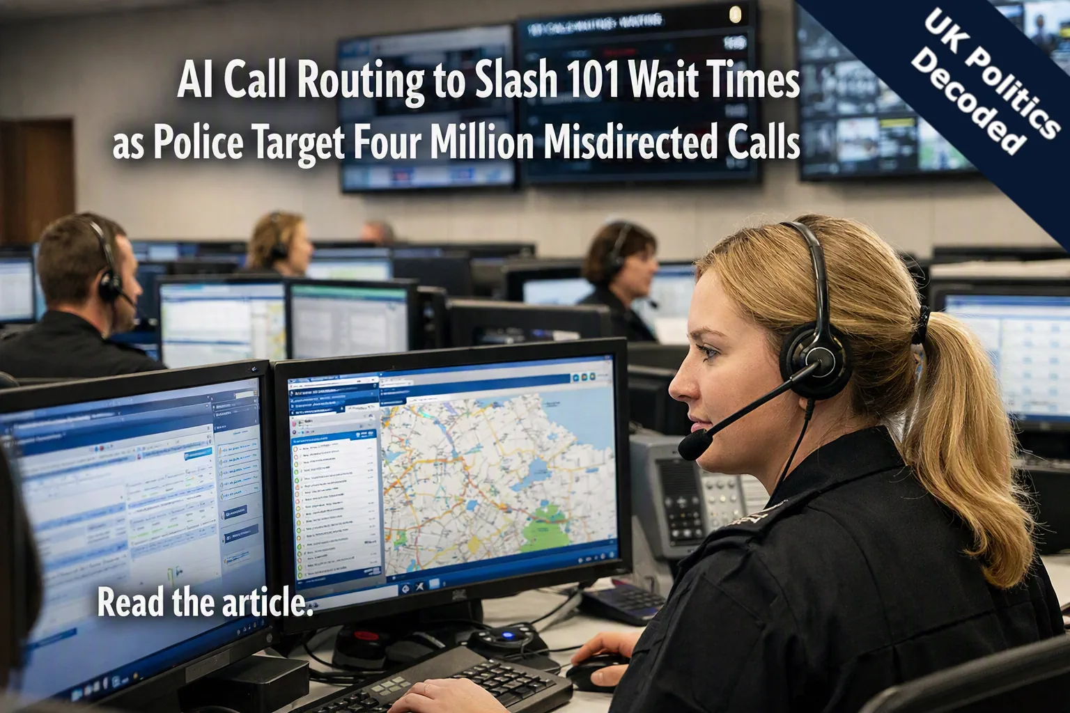 A police contact centre with call handlers at screens, representing 101 non emergency line AI modernisation