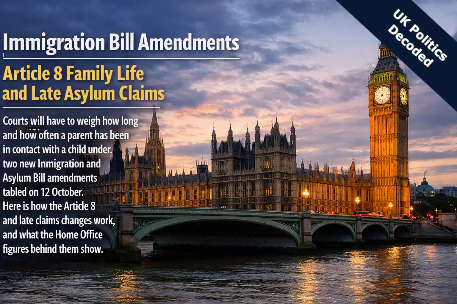 Houses of Parliament in Westminster, where the Immigration and Asylum Bill amendments on Article 8 and late asylum claims were tabled