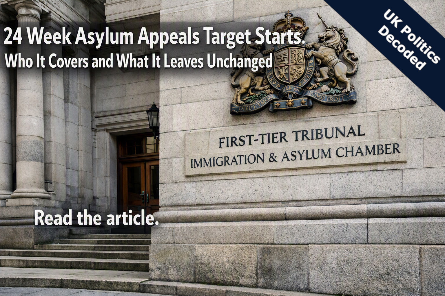 A UK court building representing the First tier Tribunal Immigration and Asylum Chamber's new 24 week target for in scope asylum and immigration appeals