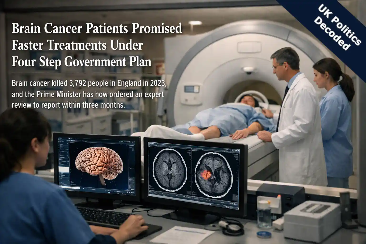 Illustration of a brain scan alongside medical research symbols, representing the government's brain cancer treatment plan