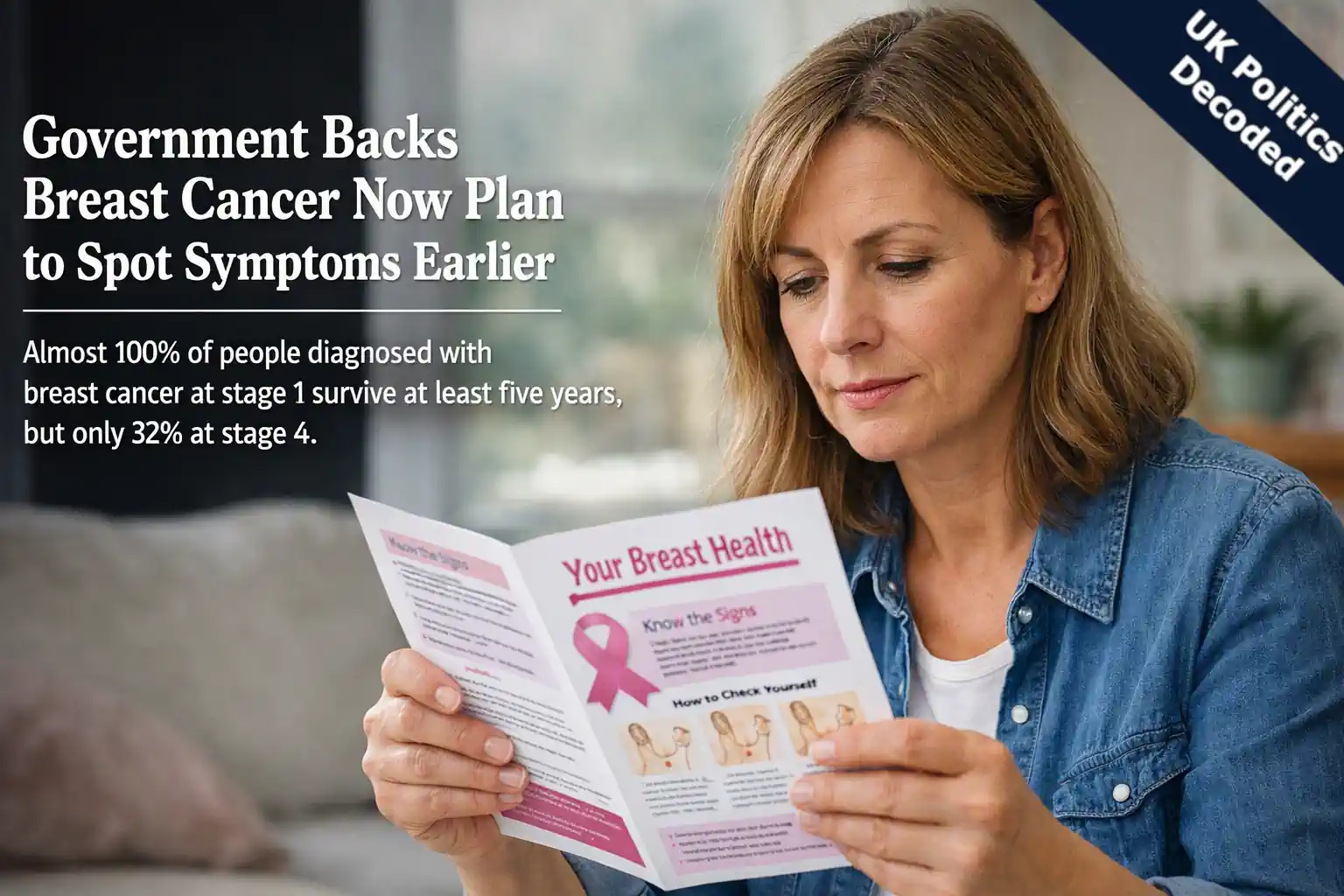 Woman reading breast health information, representing the government's new partnership with Breast Cancer Now to help women recognise symptoms earlier
