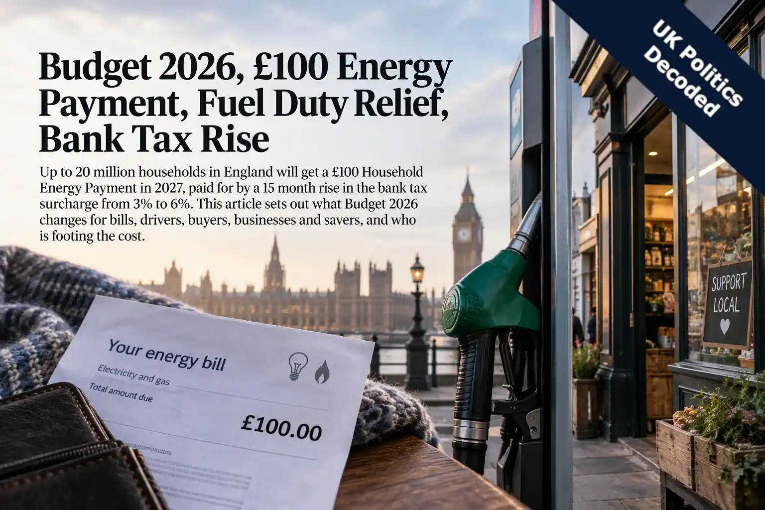 Illustration of a household energy bill, a fuel pump and a high street shopfront representing the Budget 2026 cost of living measures