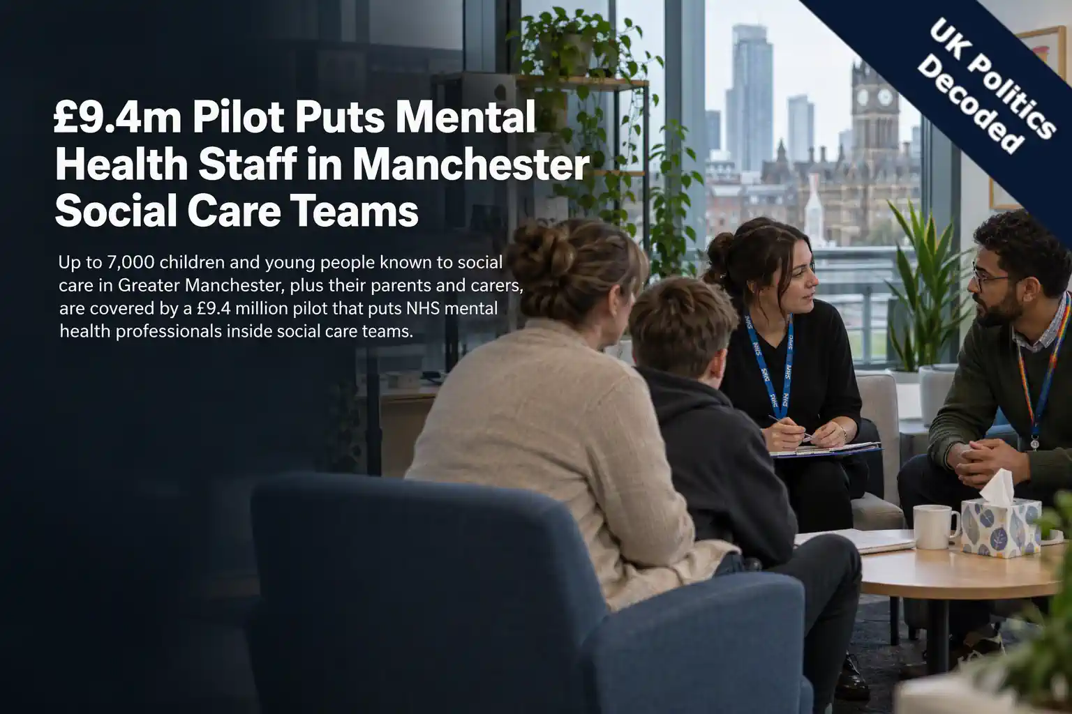 A social worker and a mental health professional speaking with a young person and their carer in a community office