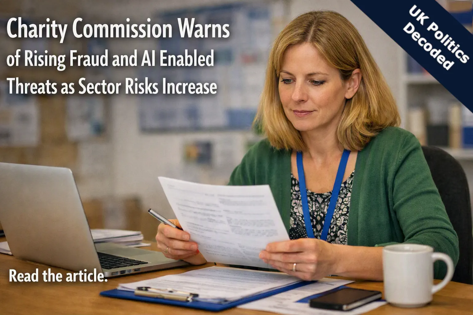 A charity worker at a desk reviewing documents, representing charity governance, fraud risk, and the Charity Commission's 2026 sector risk assessment