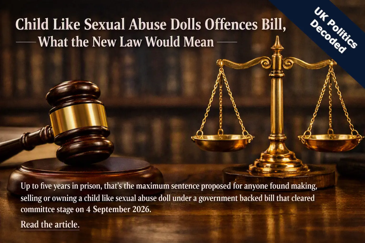 Gavel and scales of justice, representing the new criminal offence proposed by the Child like Sexual Abuse Dolls Offences Bill backed by the UK government in September 2026