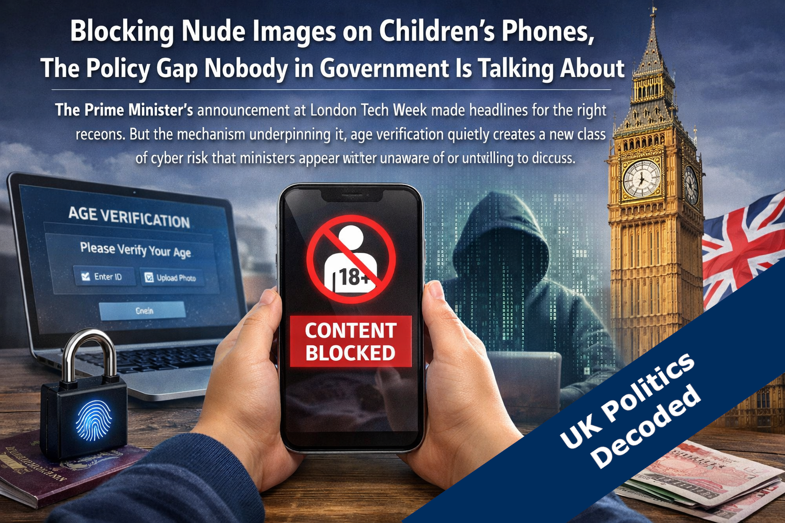 Illustration representing smartphone device safety and age verification for children online in the UK