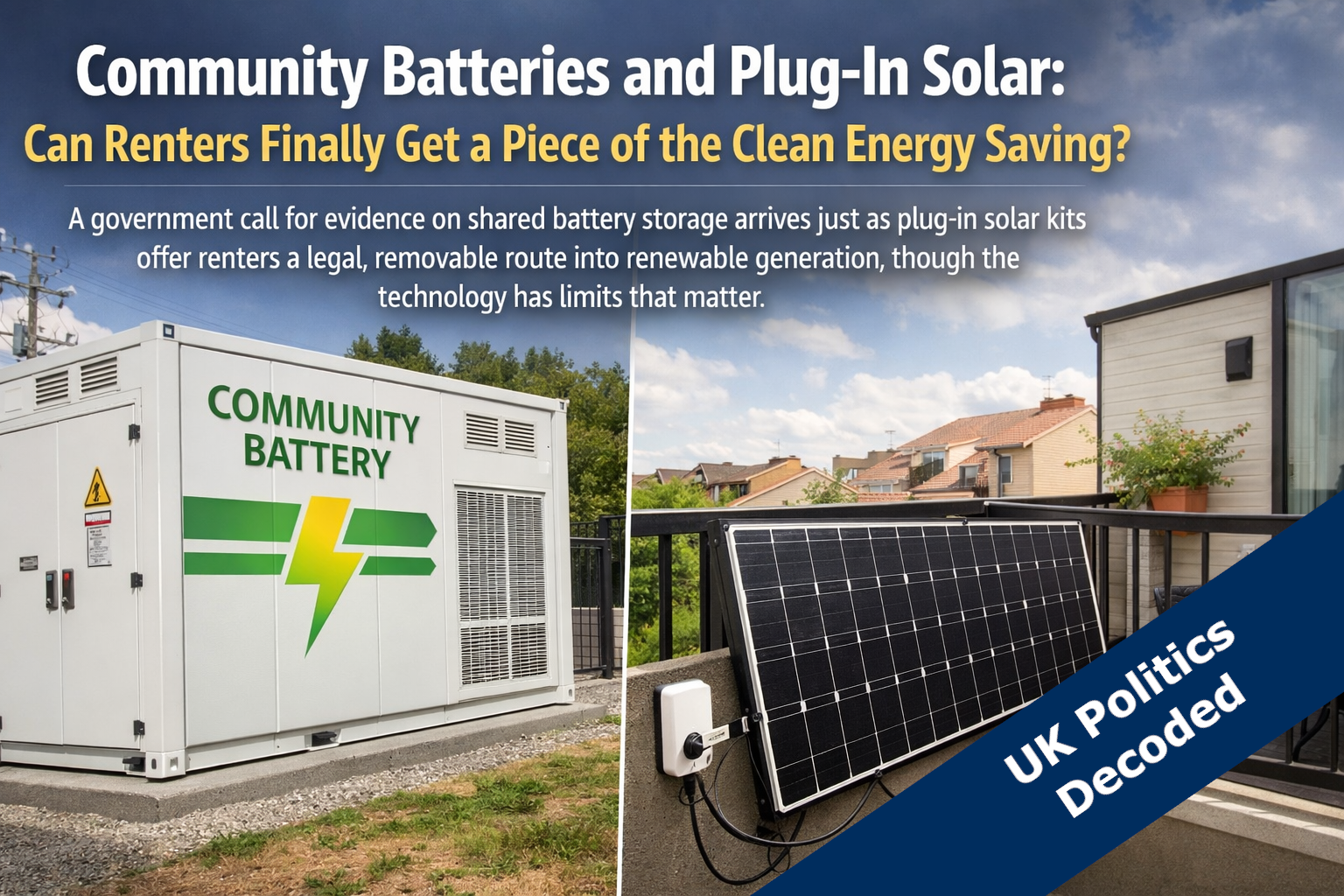 Community battery storage unit alongside a balcony plug-in solar panel kit