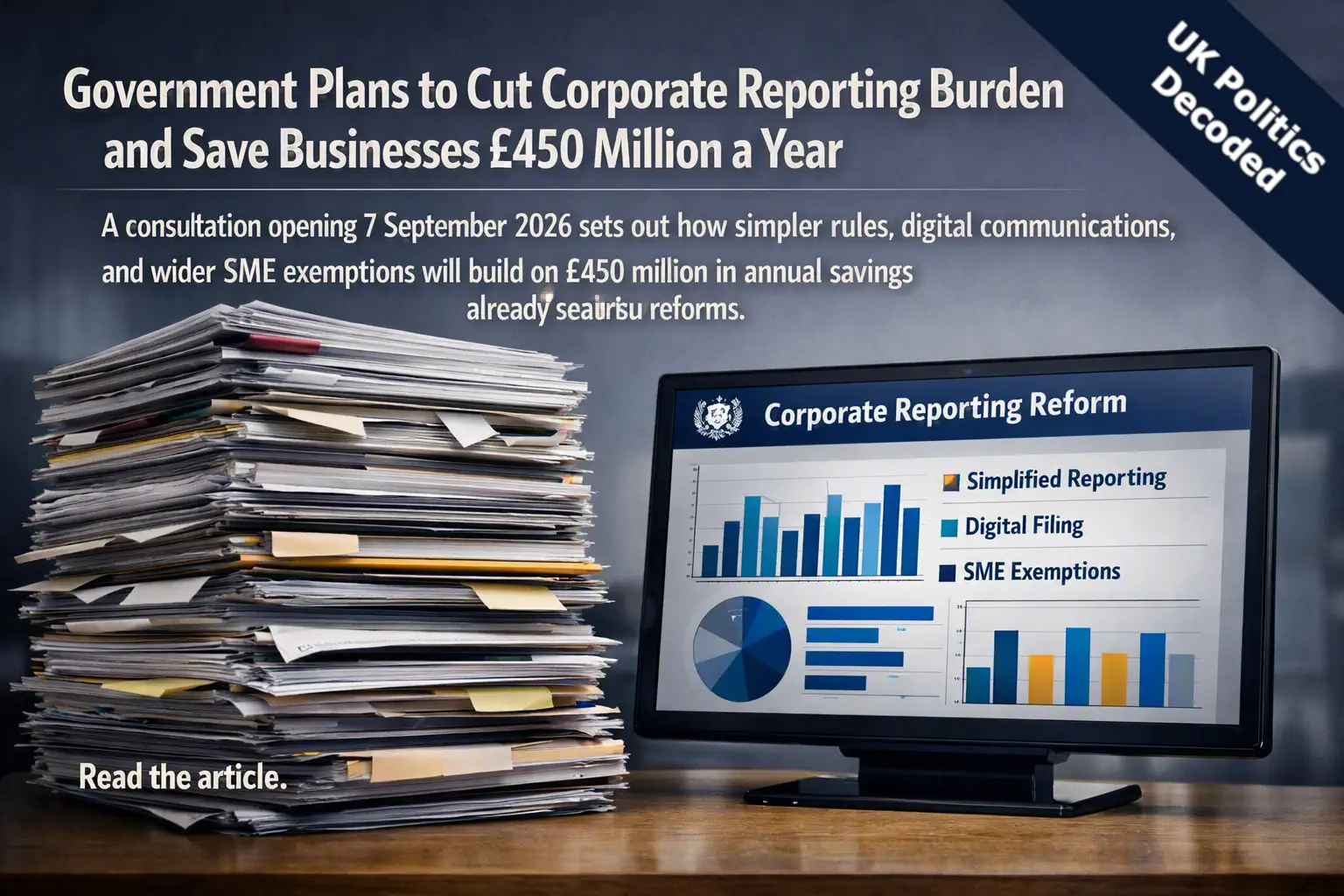 A stack of heavy business documents and annual reports beside a digital screen, representing the UK government's corporate reporting overhaul announced in September 2026