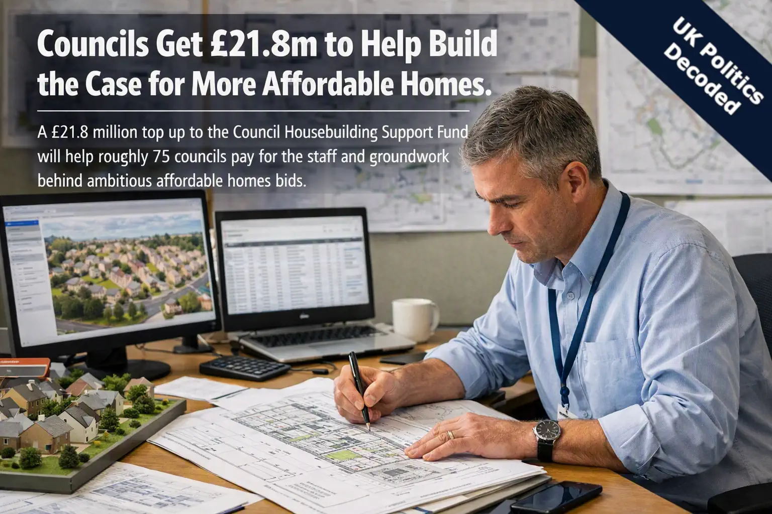 A council planning officer reviewing housebuilding plans, representing new government funding to help councils bid for affordable homes cash