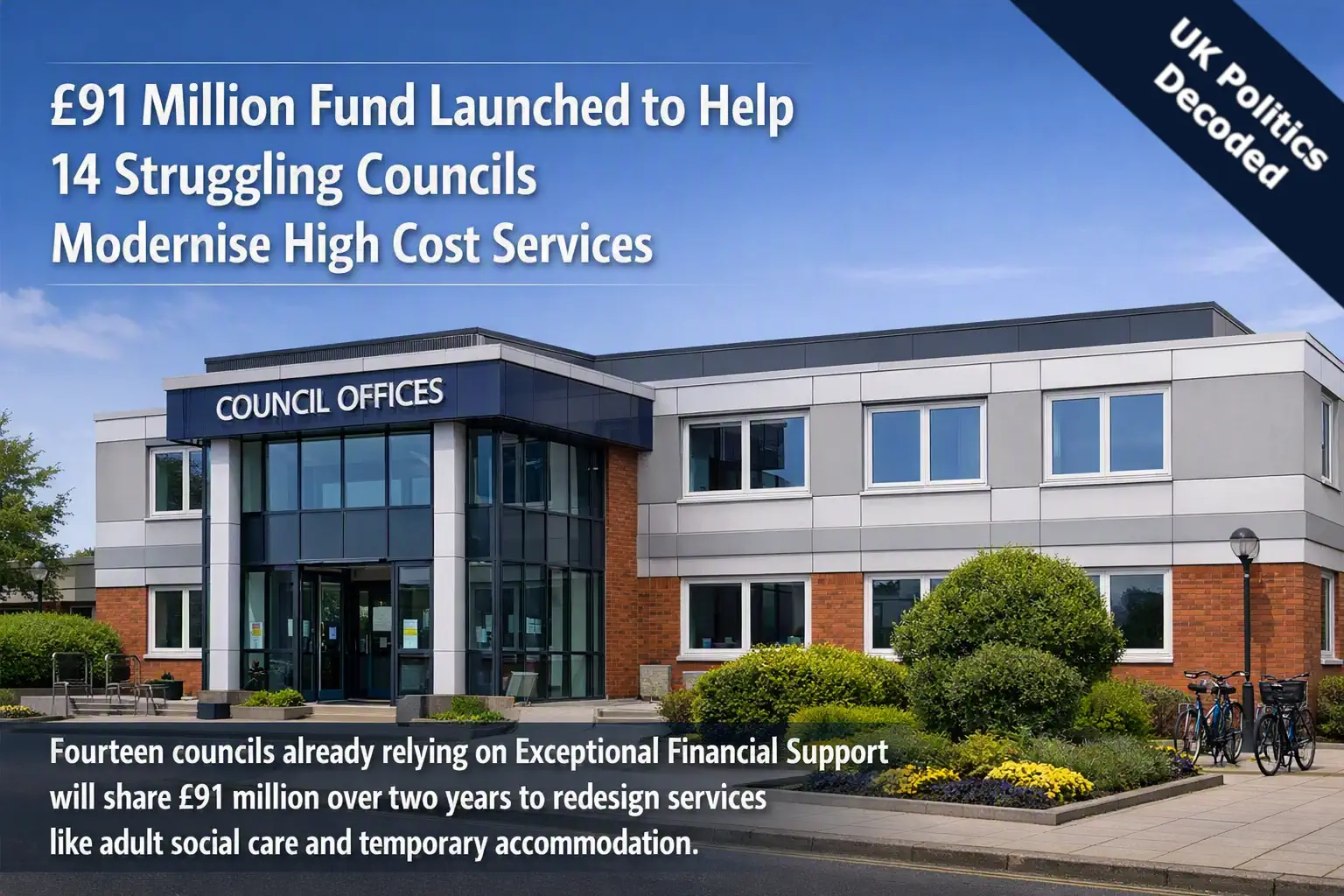 A local council office building in England, representing the councils sharing a £91 million government fund to modernise high cost services