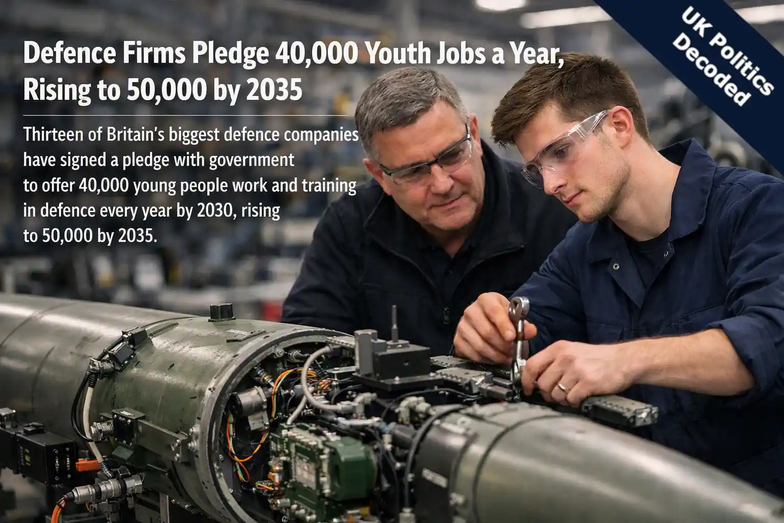 A young apprentice engineer working alongside a colleague on defence manufacturing equipment