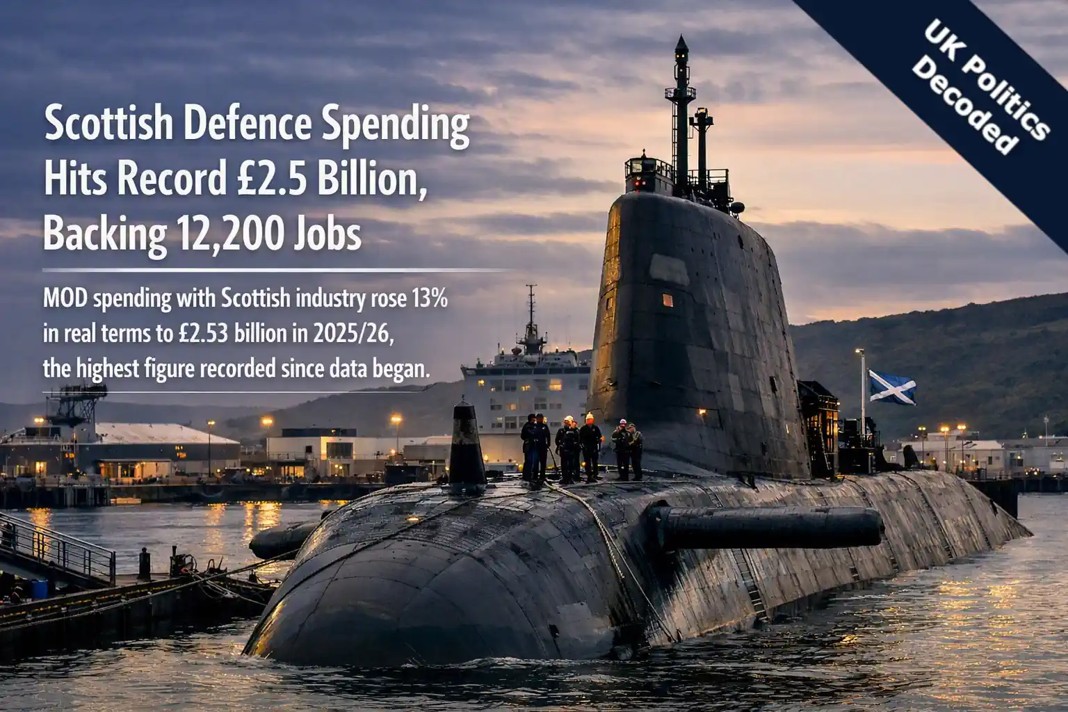 A Royal Navy submarine at HMNB Clyde, representing record MOD defence spending with Scottish industry in 2025/26