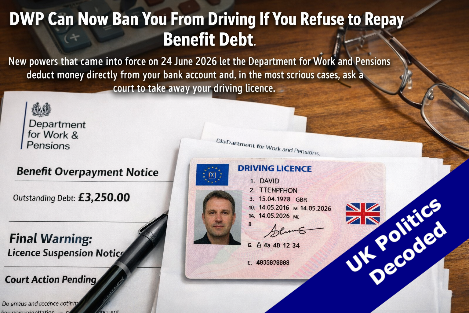 A driving licence on a desk beside DWP correspondence, representing benefit debt enforcement powers
