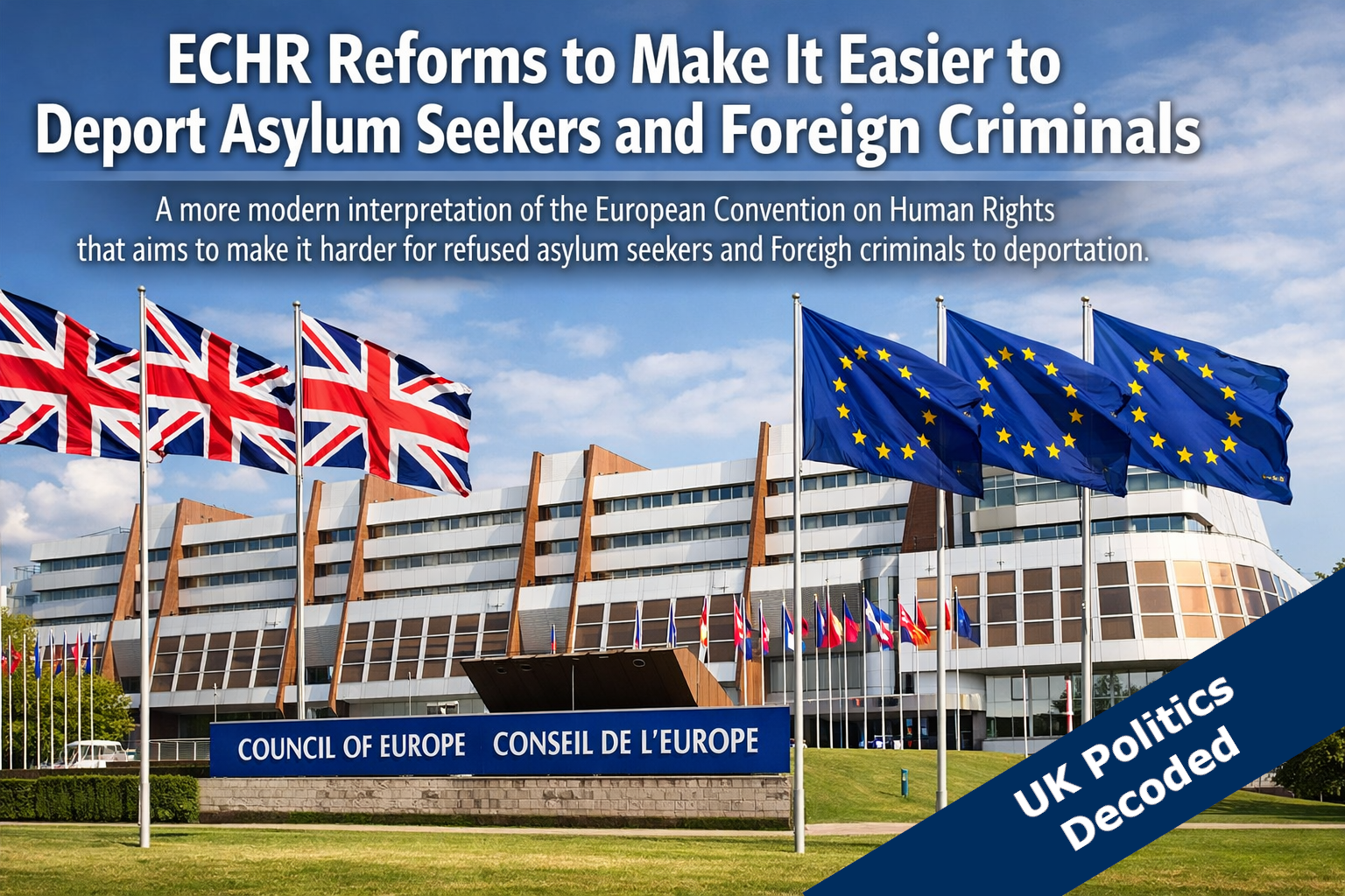 Council of Europe building with UK and European flags representing the Chisinau declaration on ECHR reform