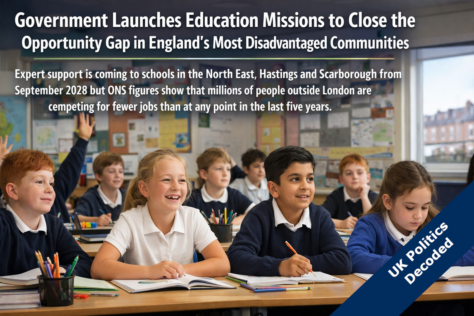 Children in a classroom in the North East of England representing the government's new education mission programmes