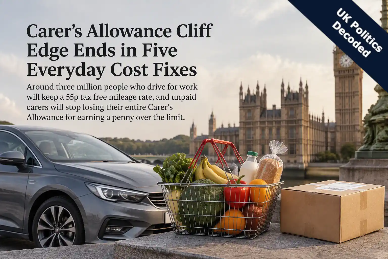 Illustration of a car, a shopping basket and a parcel, representing the government's five everyday cost of living fixes