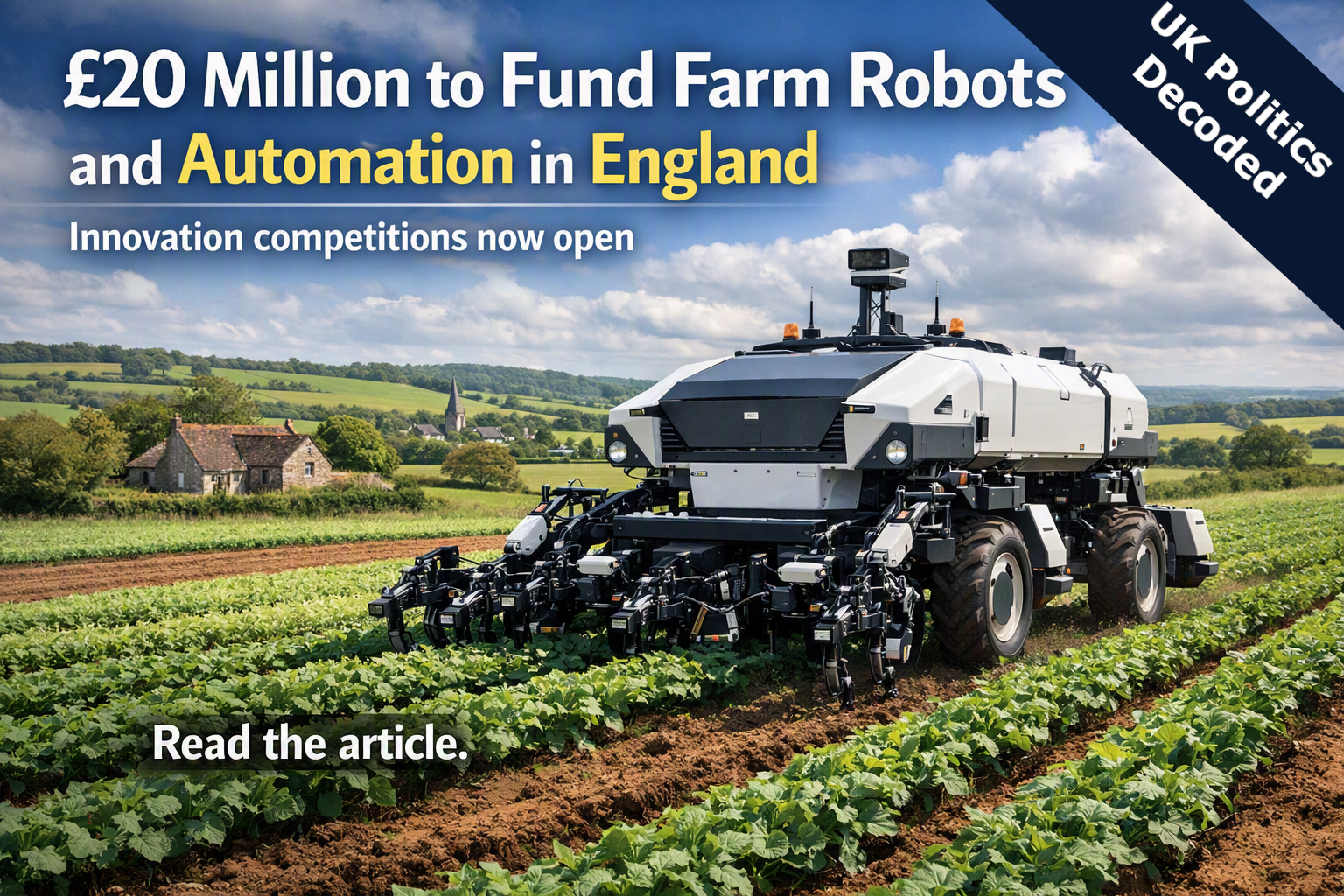 A farm robot operating in a field of crops in England