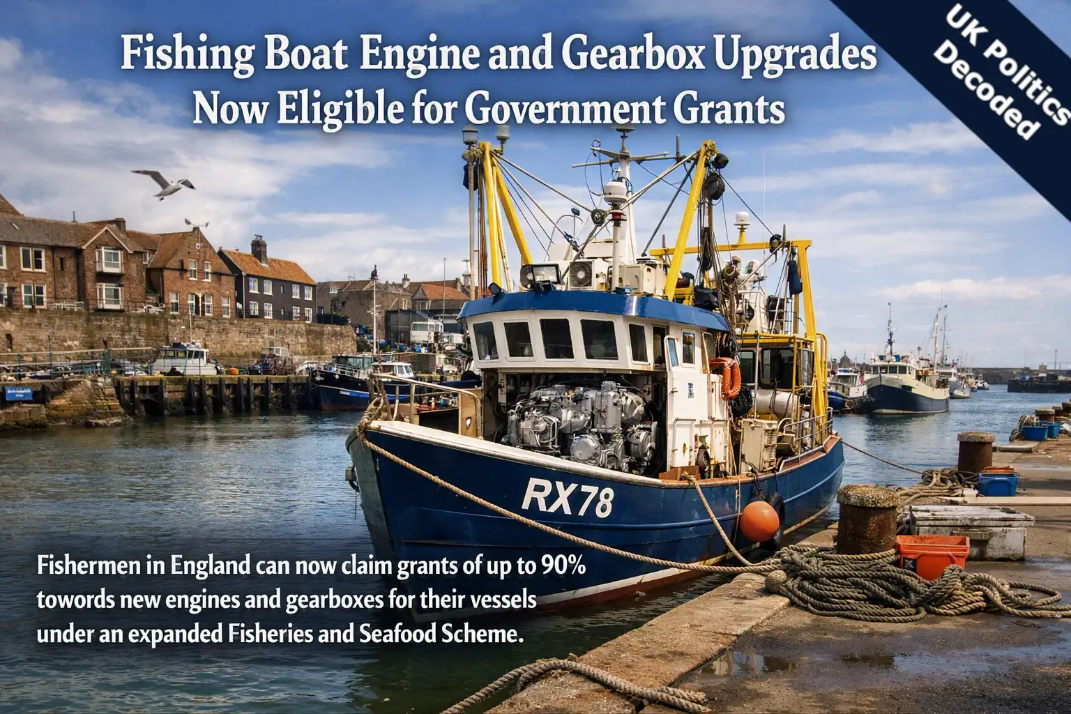 A fishing trawler moored at an English harbour, illustrating new government grants for engine and gearbox upgrades under the Fisheries and Seafood Scheme