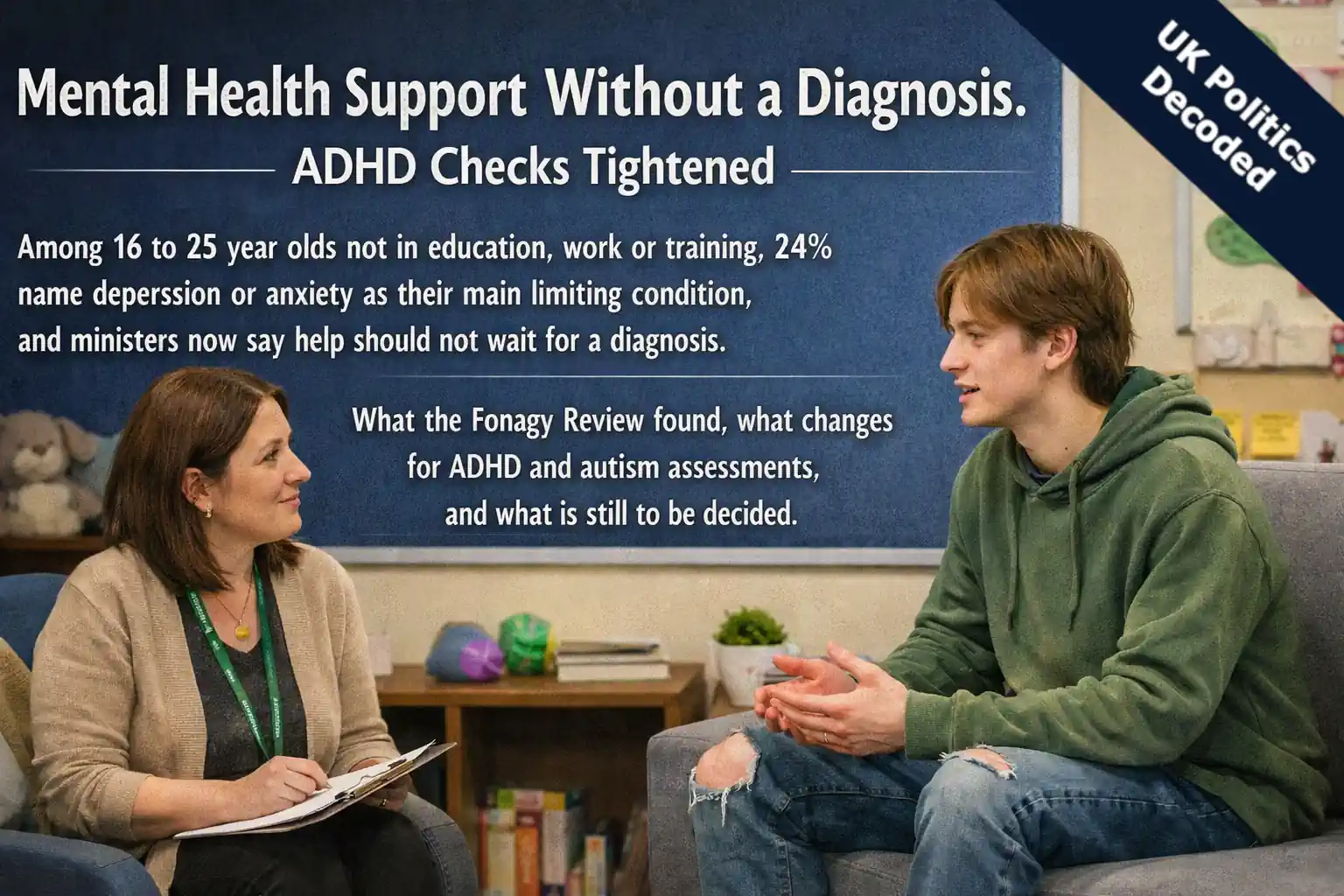 A young person talking with a support worker in a school wellbeing room, representing earlier mental health support