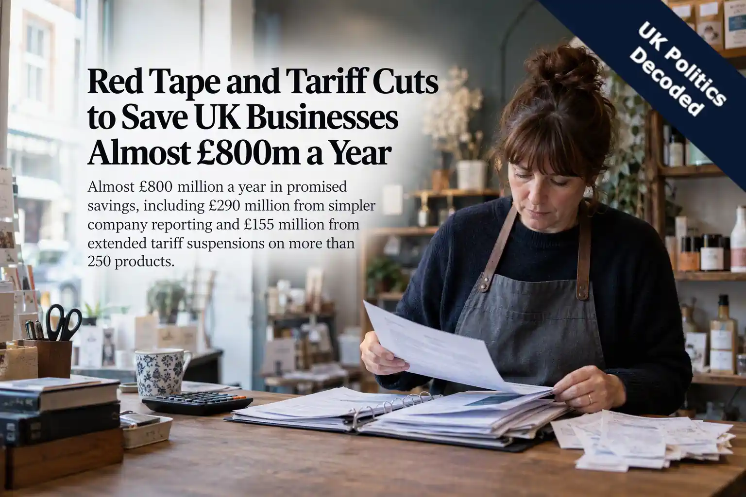 A small business owner working through paperwork at a desk in a UK shop
