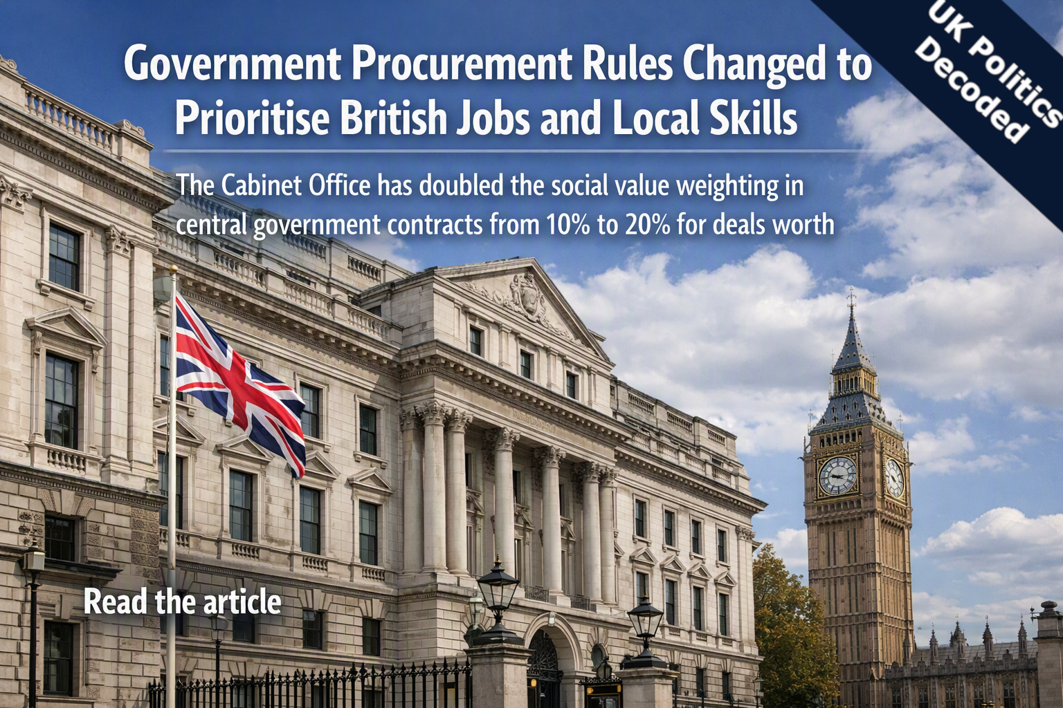A government office building, representing the Cabinet Office announcement on procurement social value rules requiring British jobs and skills in every postcode