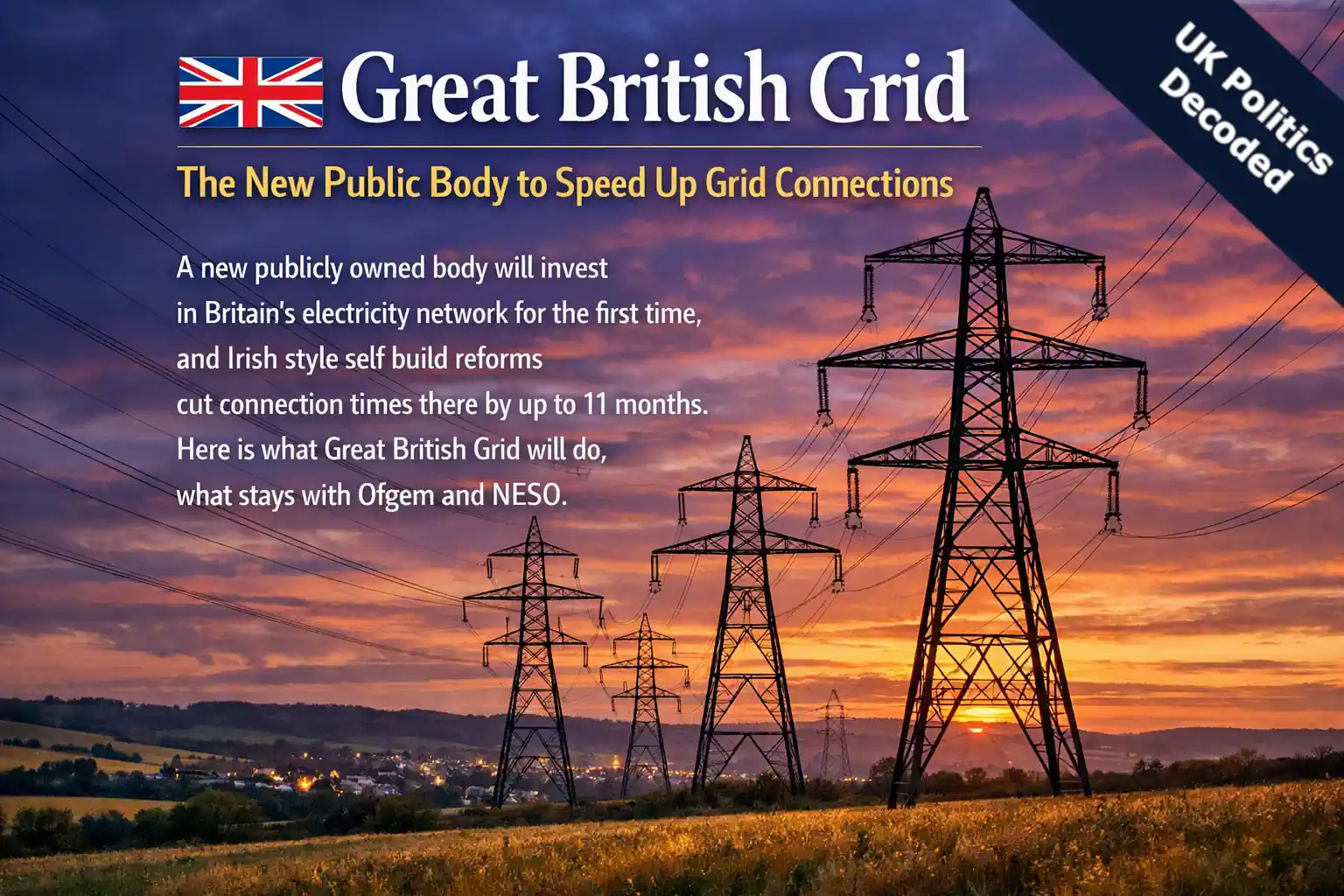 Electricity pylons and overhead transmission lines crossing a British landscape at dusk
