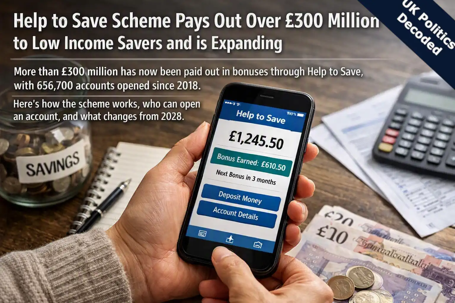 A person checking their savings on a phone banking app, illustrating the government's Help to Save scheme for low income earners