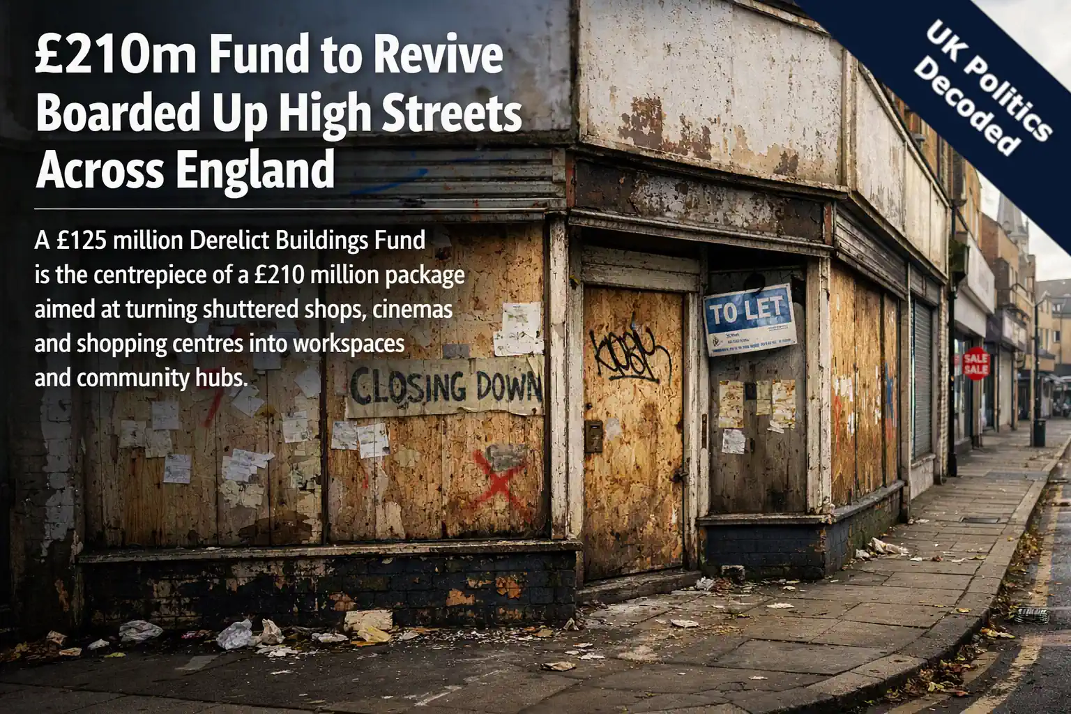 A boarded up high street shop in an English town centre earmarked for regeneration funding