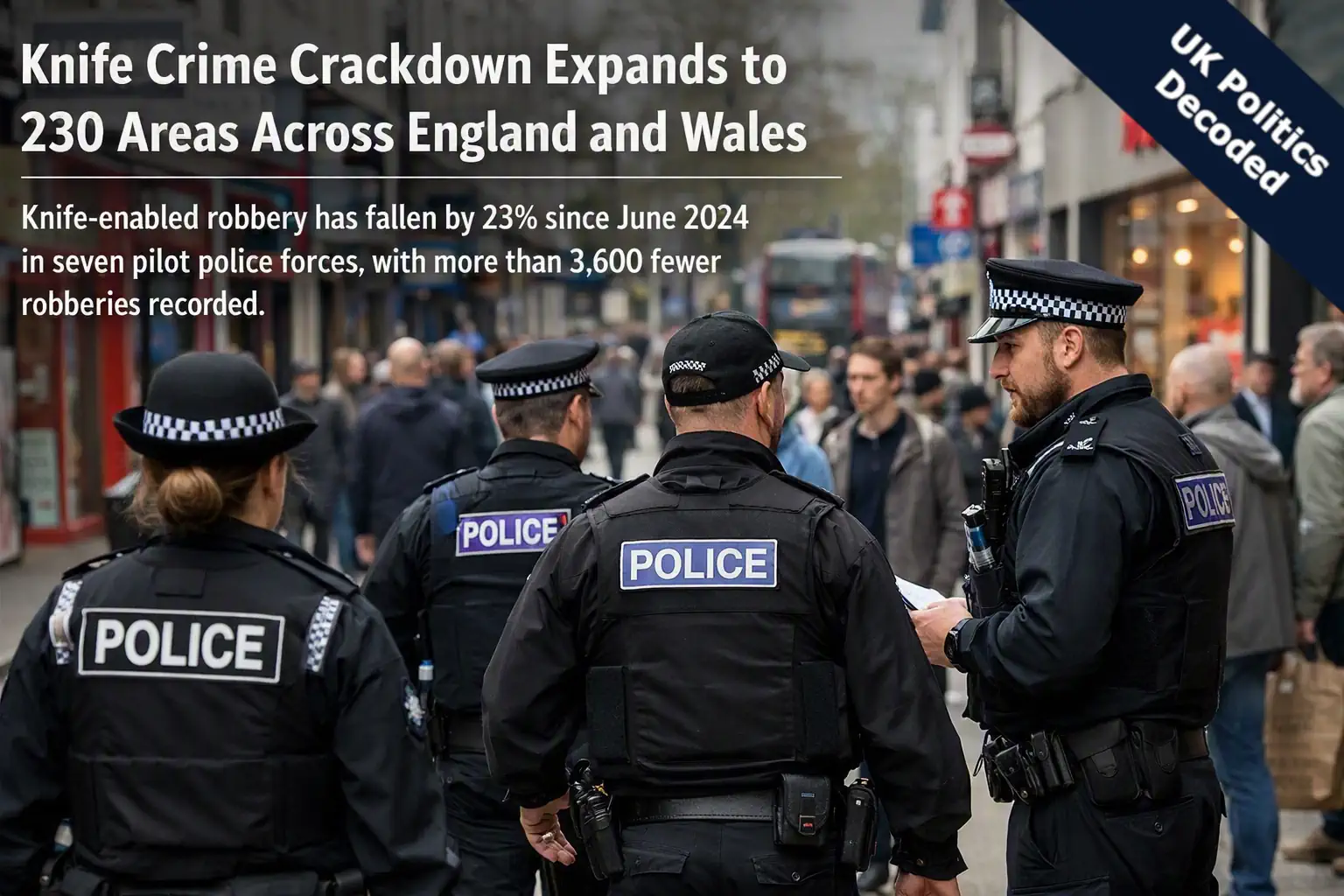 Police patrol on a UK high street, representing the government's expanded knife crime crackdown across 230 areas