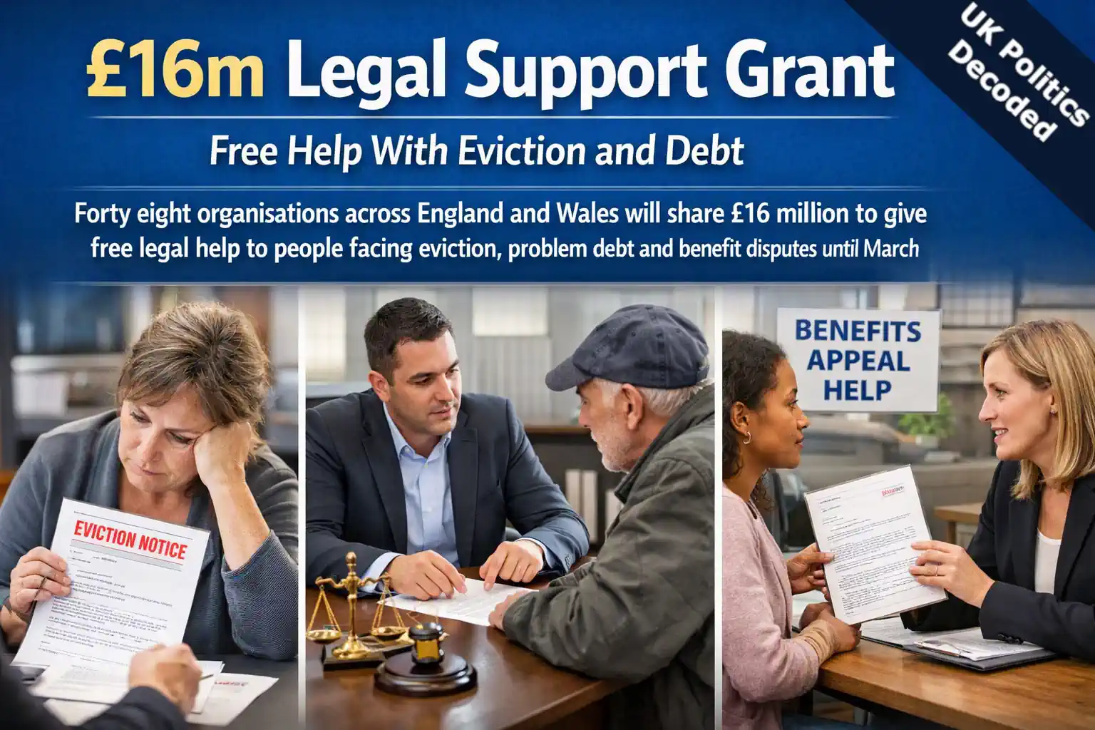 Adviser meeting a family at a community legal advice centre as the £16 million Legal Support Grant launches in October 2026