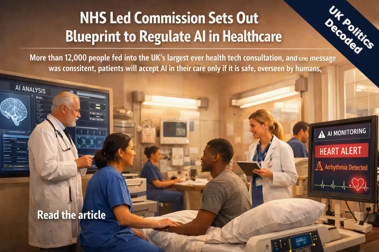Illustration representing AI technology being used within NHS healthcare settings, referencing the National Commission's 2026 report on regulating AI in healthcare