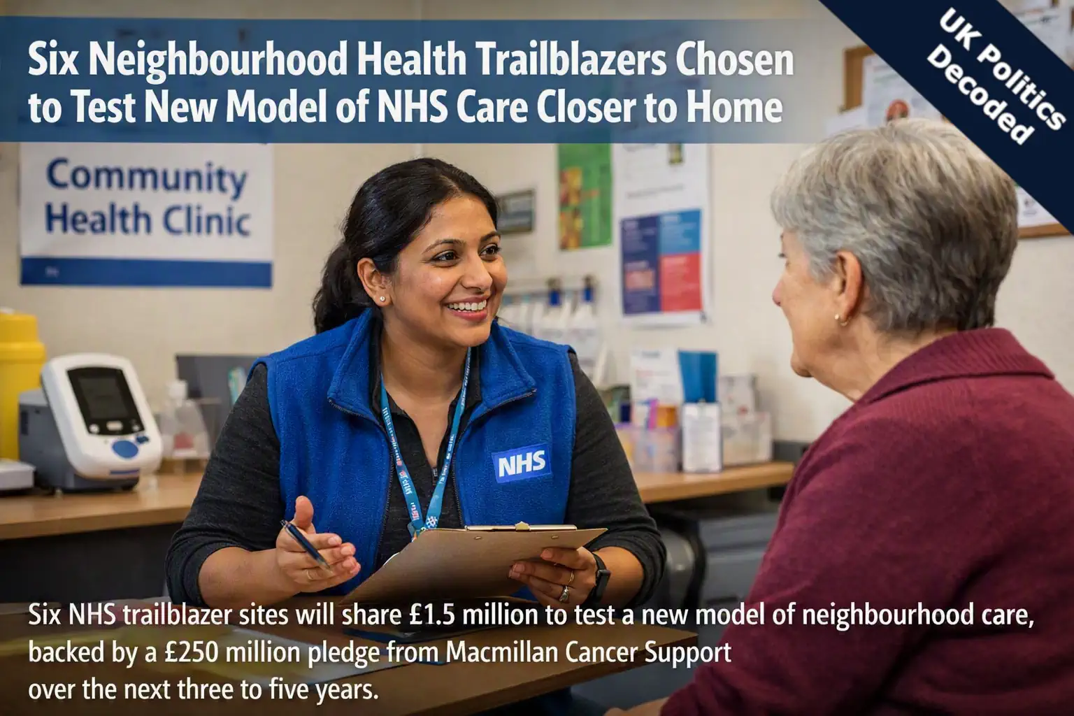 A community health worker speaking with a patient in a local neighbourhood clinic, representing the new NHS neighbourhood health trailblazer sites