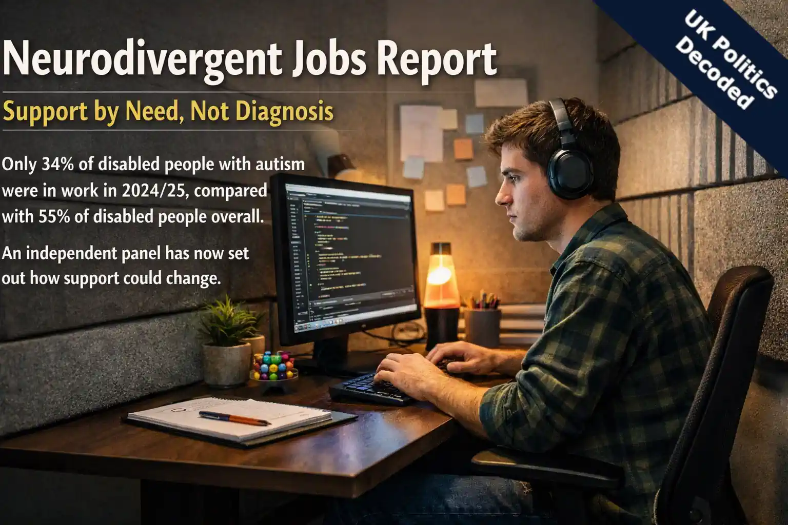 Neurodivergent employee working at a desk in an adapted, quiet workplace, representing the Expert Academic Panel on Neurodiversity report