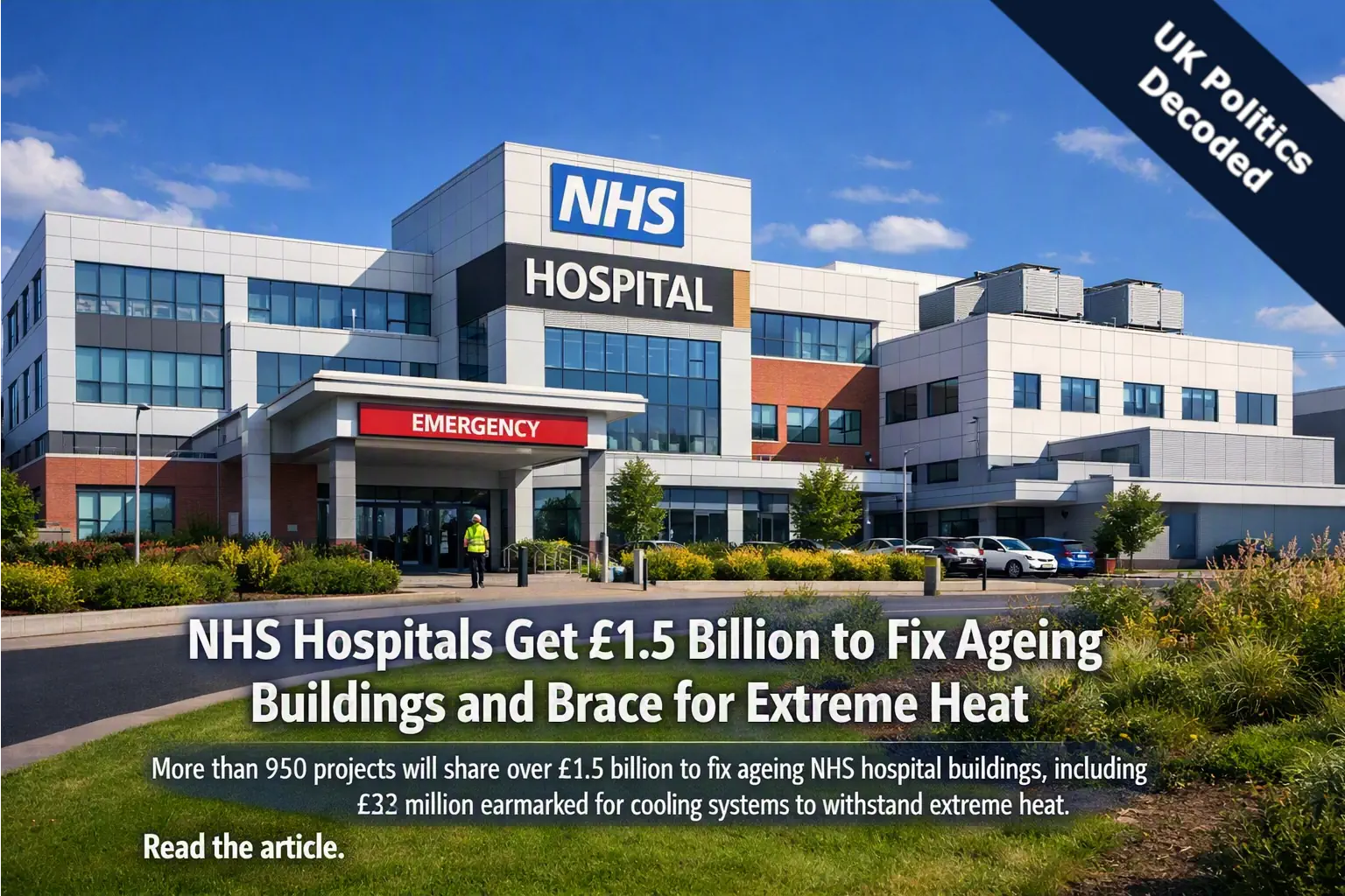 Exterior of an NHS hospital building, representing new government investment in hospital safety and resilience projects across England