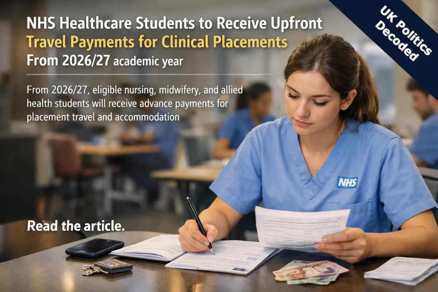 Student nurse reviewing placement paperwork, representing the government's new advance payment system for NHS healthcare student placement travel and accommodation costs