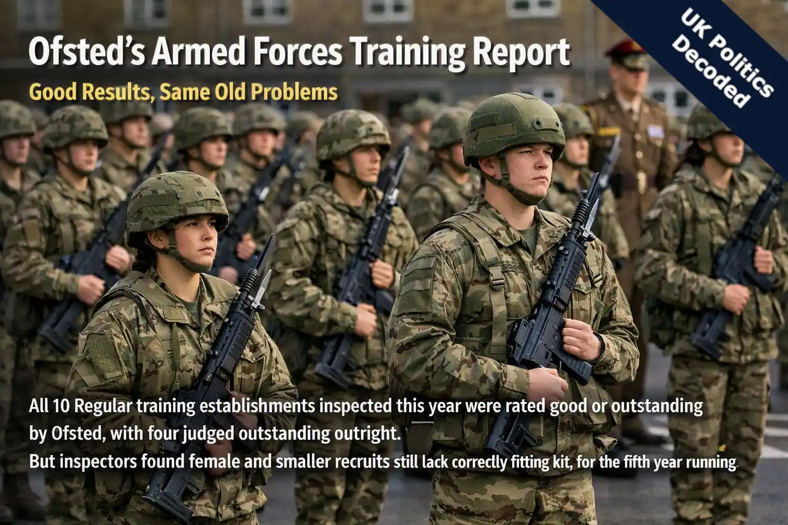 Army recruits on a parade ground during initial training, representing Ofsted's annual inspection of Armed Forces training establishments