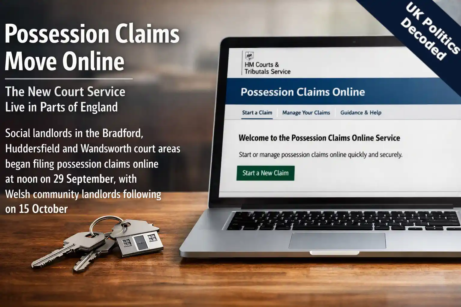 A laptop showing a court digital service beside a set of house keys, representing the new online possession claims service launched in September 2026