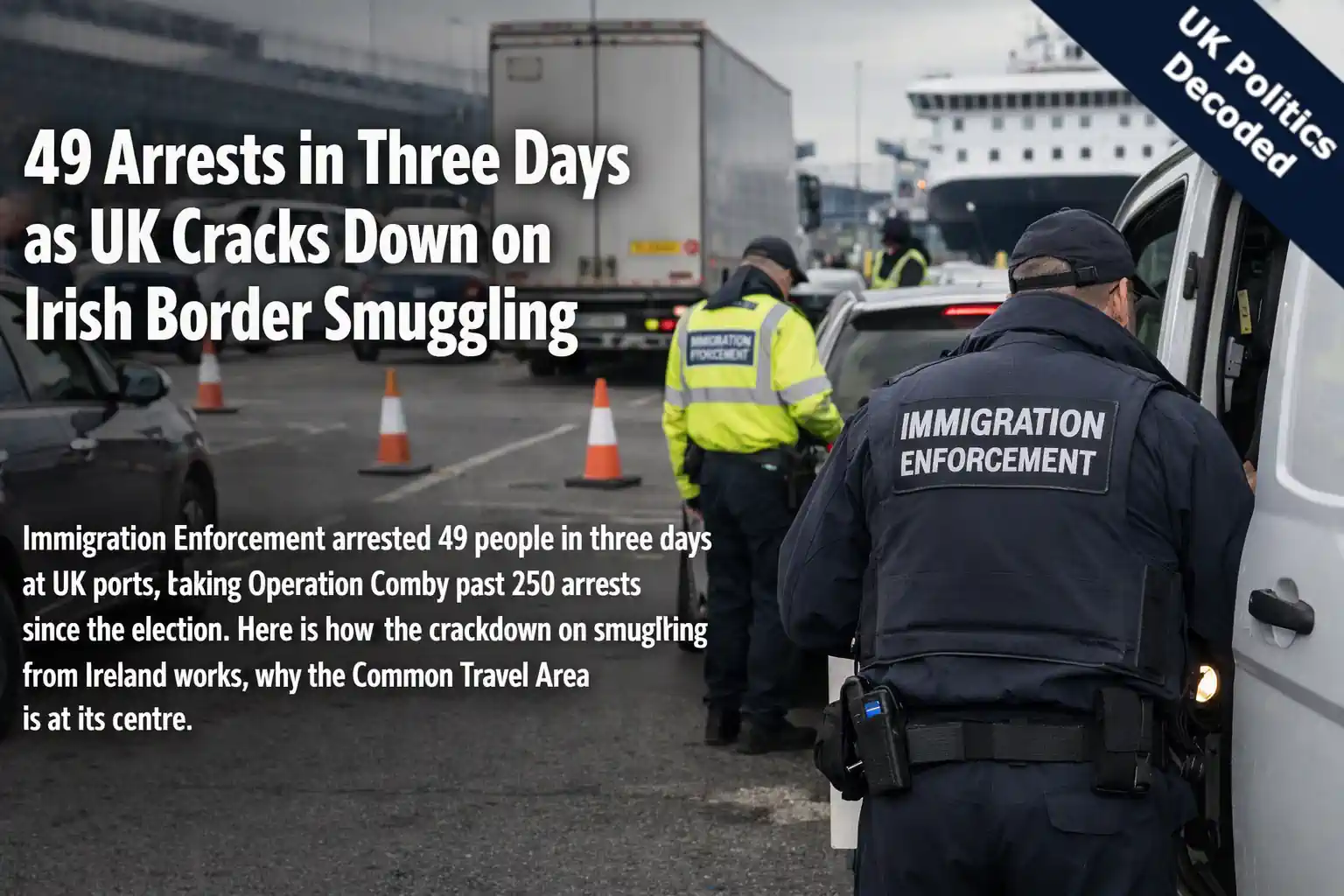 Immigration Enforcement officers checking vehicles at a UK port, representing Operation Comby's crackdown on people smuggling from Ireland in September 2026