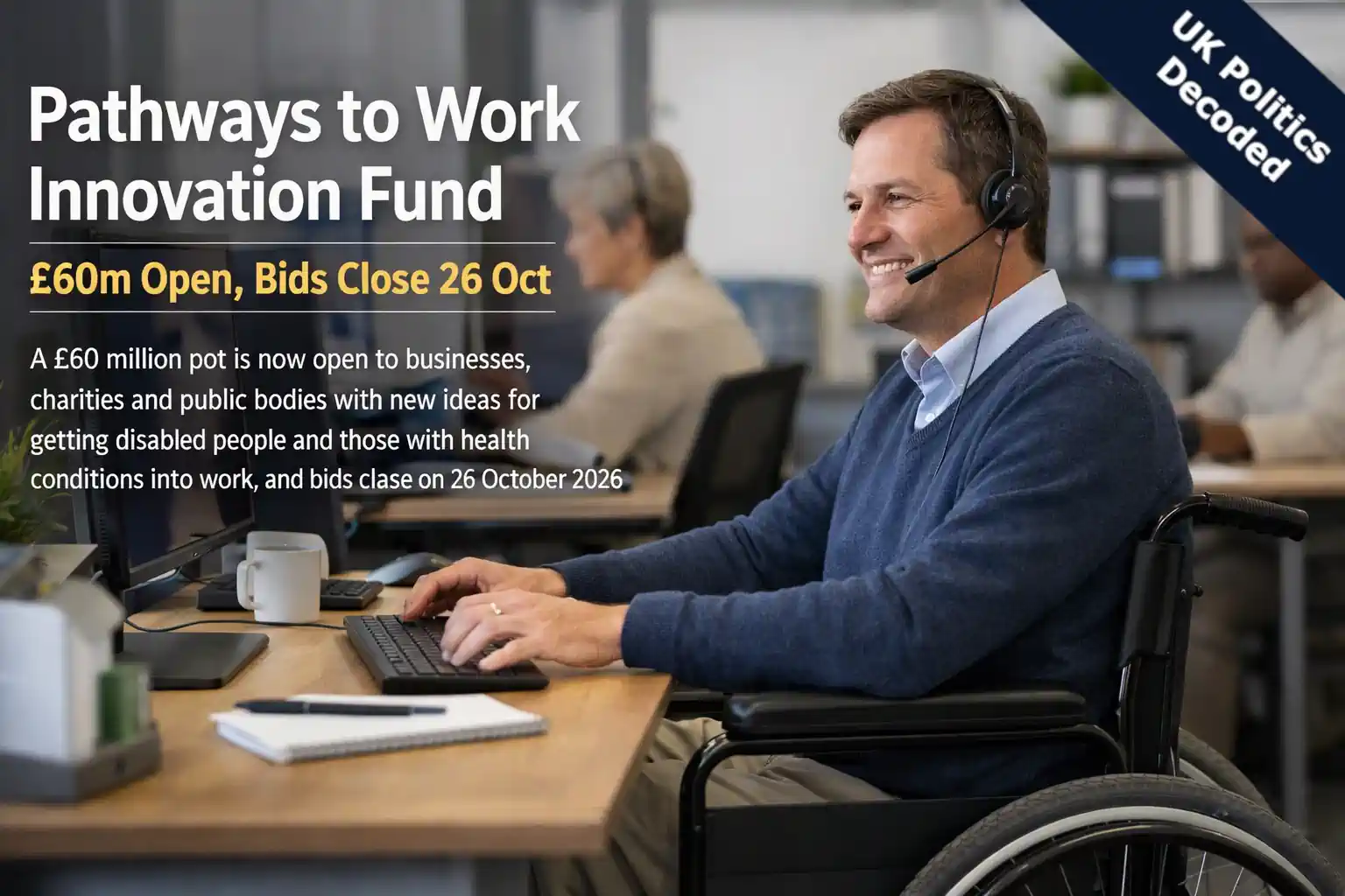 Disabled employee working at a desk with assistive technology in a modern office, representing the £60 million Pathways to Work Innovation Fund