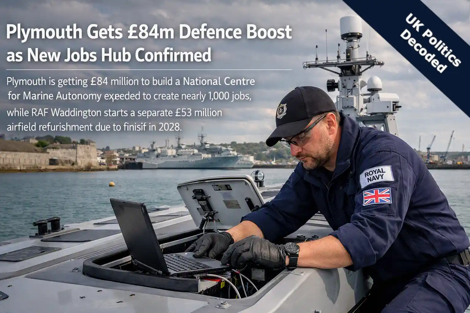 A Royal Navy engineer working on autonomous maritime equipment, illustrating investment in Plymouth's defence sector