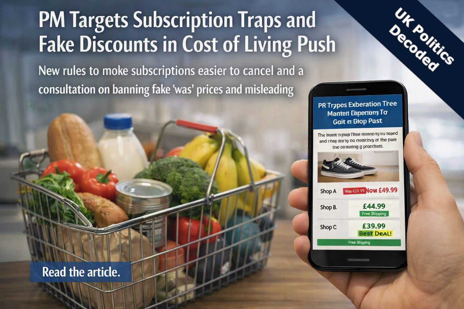 Shopping basket and phone screen representing consumer protection measures against subscription traps and misleading discounts